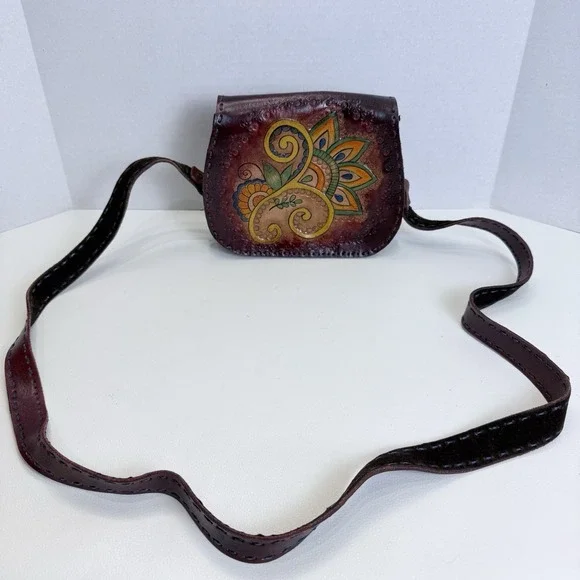 Hand Tooled Burgundy Leather Crossbody Bag Floral Paisley Embossed Boho Artisan - Picture 2 of 11